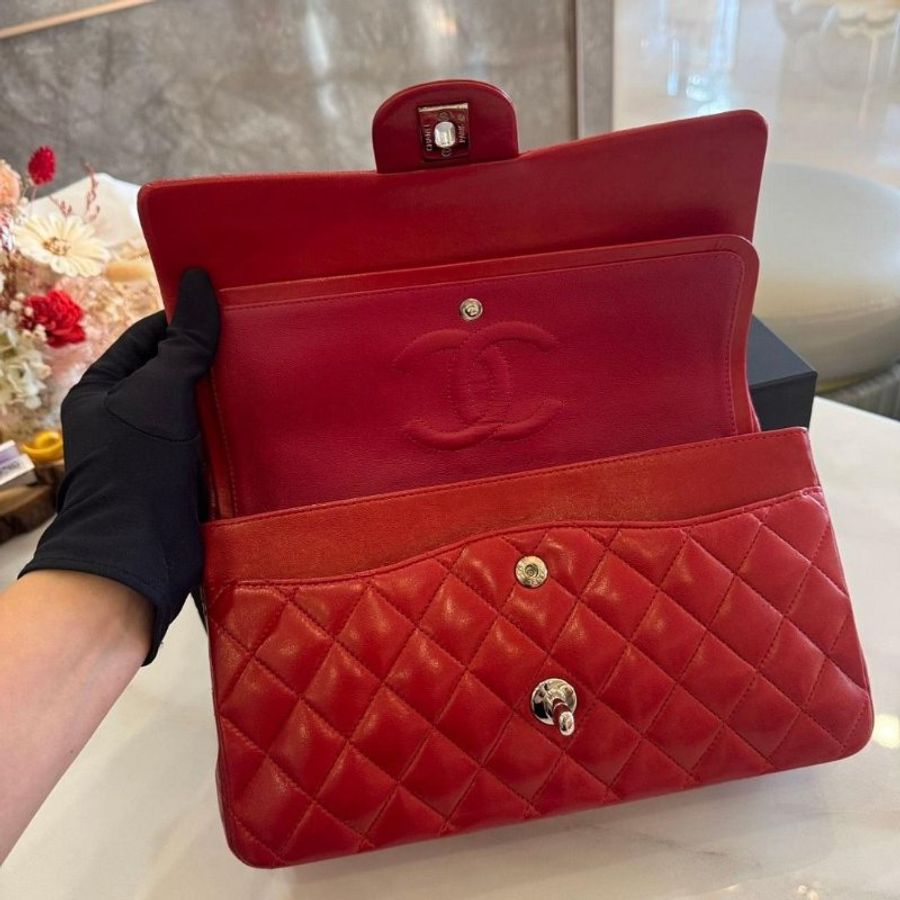 Chanel Coco 紅色羊皮銀釦 CF25口蓋包-6
