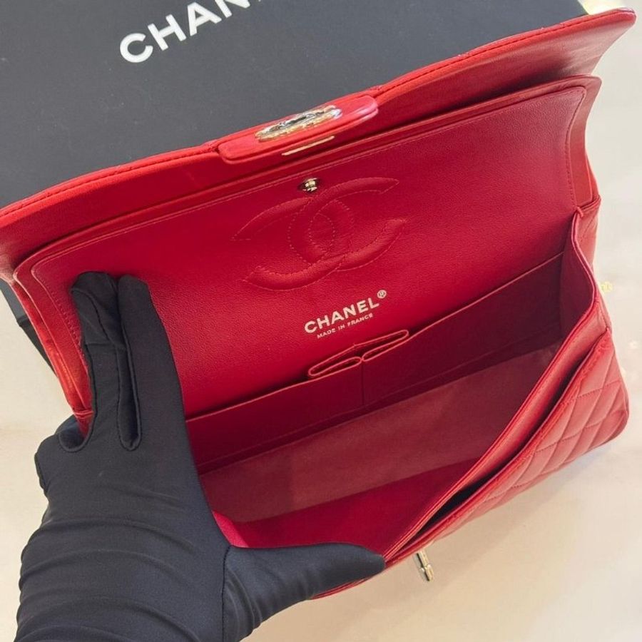 Chanel Coco 紅色羊皮銀釦 CF25口蓋包-7