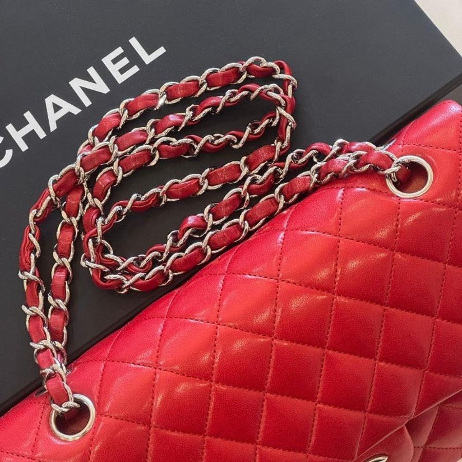 Chanel Coco 紅色羊皮銀釦 CF25口蓋包-9