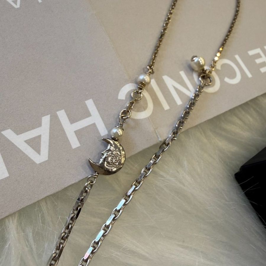 CHANEL 金銀雙色圓形拚藍水鑽造型項鍊-5