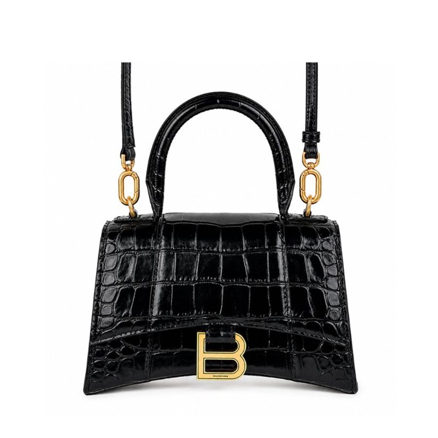 🖤 鑒定師的收藏 🖤 巴黎世家 沙漏包 XS 黑色金釦 鱷魚壓紋牛皮兩用包 Balenciaga Hourglass XS Croc-Embossed Black Gold Hardware-0