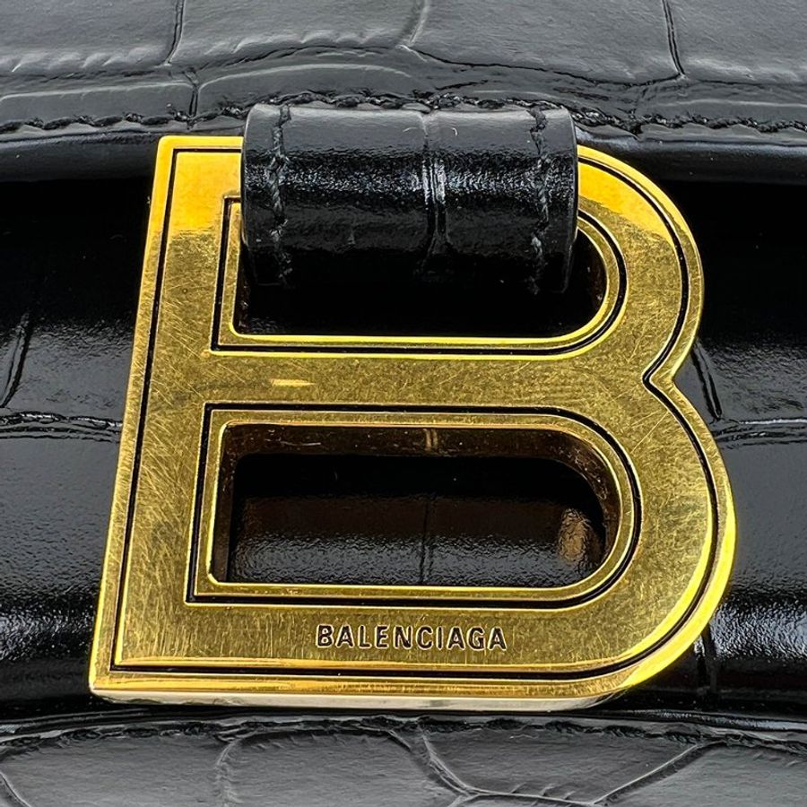 🖤 鑒定師的收藏 🖤 巴黎世家 沙漏包 XS 黑色金釦 鱷魚壓紋牛皮兩用包 Balenciaga Hourglass XS Croc-Embossed Black Gold Hardware-3