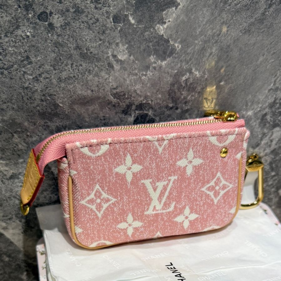 Lv粉色丹寧小麻將零錢包-5