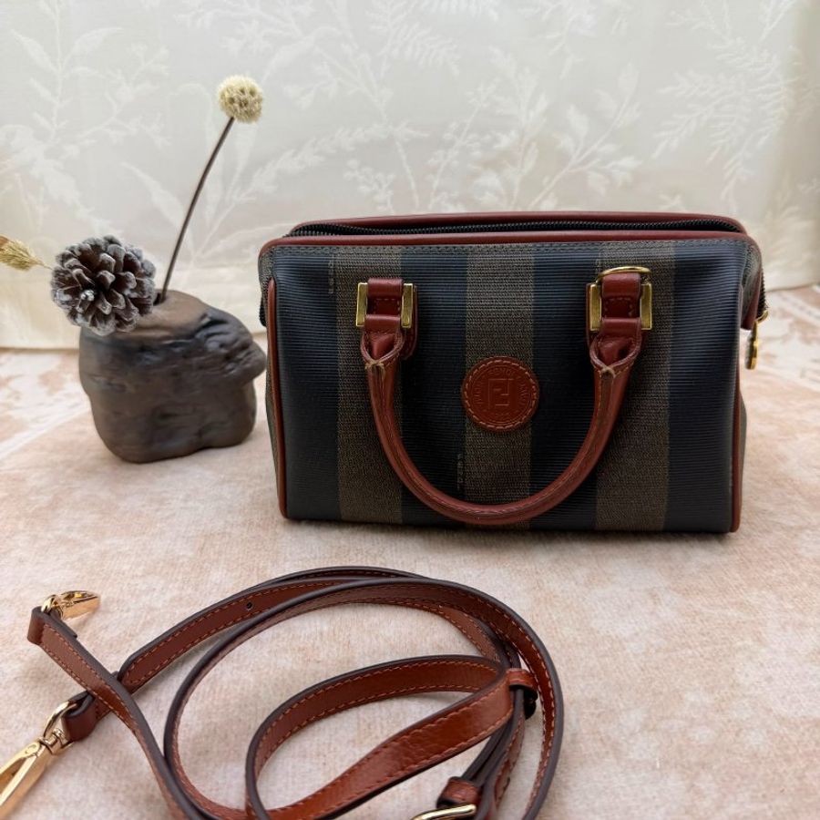 FENDI 經典 Pequin 條紋迷你波士頓手提包-0