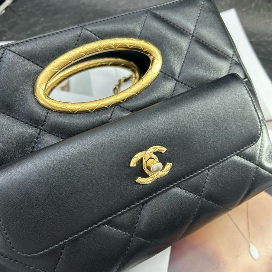 Chanel香奈兒 24B 黑金菱格紋羊皮晚宴手拿包手提包單肩包鏈條斜挎包 底長25 純芯片-5