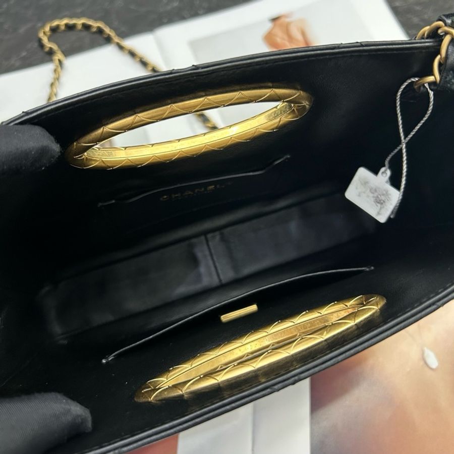 Chanel香奈兒 24B 黑金菱格紋羊皮晚宴手拿包手提包單肩包鏈條斜挎包 底長25 純芯片-7