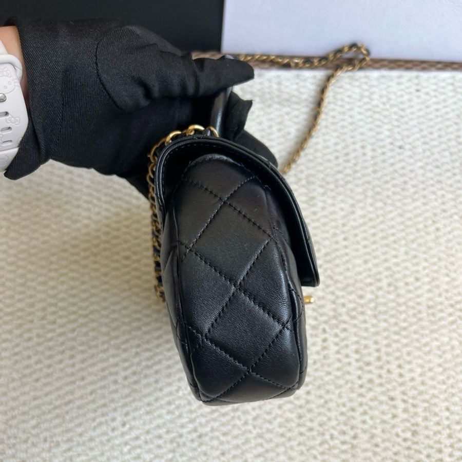 Chanel香奈兒 黑金菱格紋手柄鏈條包元寶包手提包斜挎包 芯片款-3