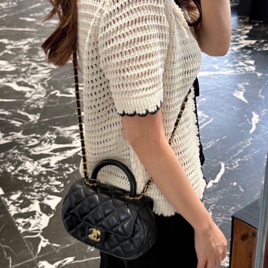 Chanel香奈兒 黑金菱格紋手柄鏈條包元寶包手提包斜挎包 芯片款-9