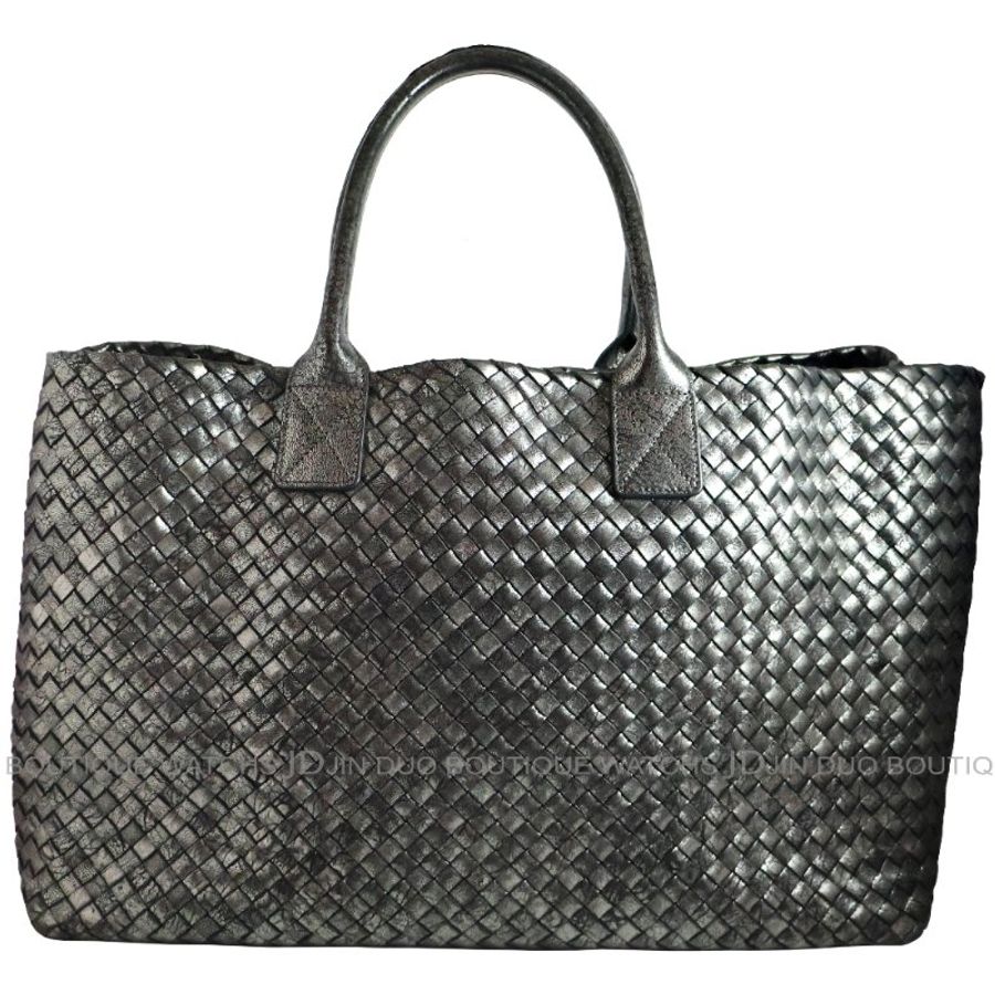 金鐸精品~2548 BOTTEGA VENETA BV 寶緹嘉Cabat金屬光澤感黑霧銀色編織牛皮限量款大號手提托特包-1