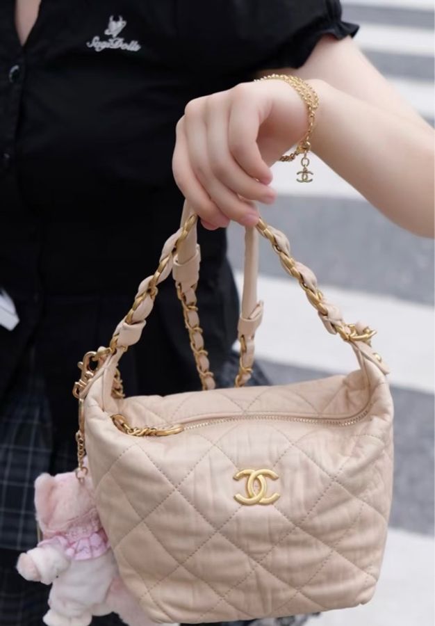 💎Chanel香奈兒|奶茶色金扣 hobo飯盒包|98新31開有卡-1