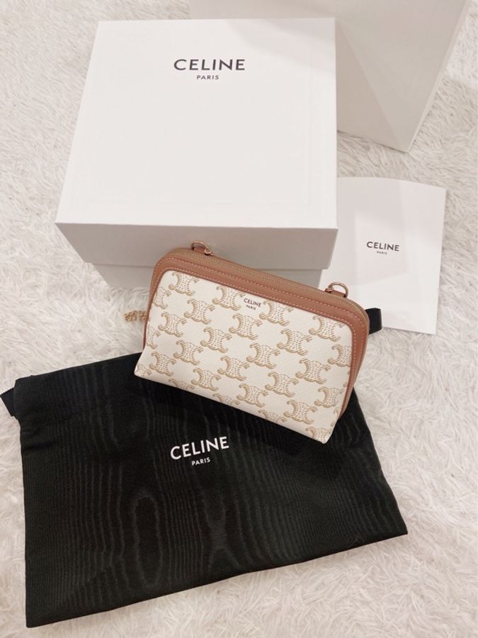 二手CELINE TRIOMPHE白色帆布及羊皮飾鍊貝殼包-5