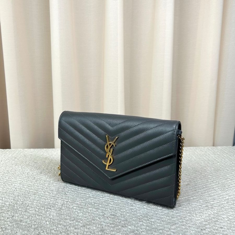 聖羅蘭YSL灰金信封鏈條包 98新 荔枝V紋-2
