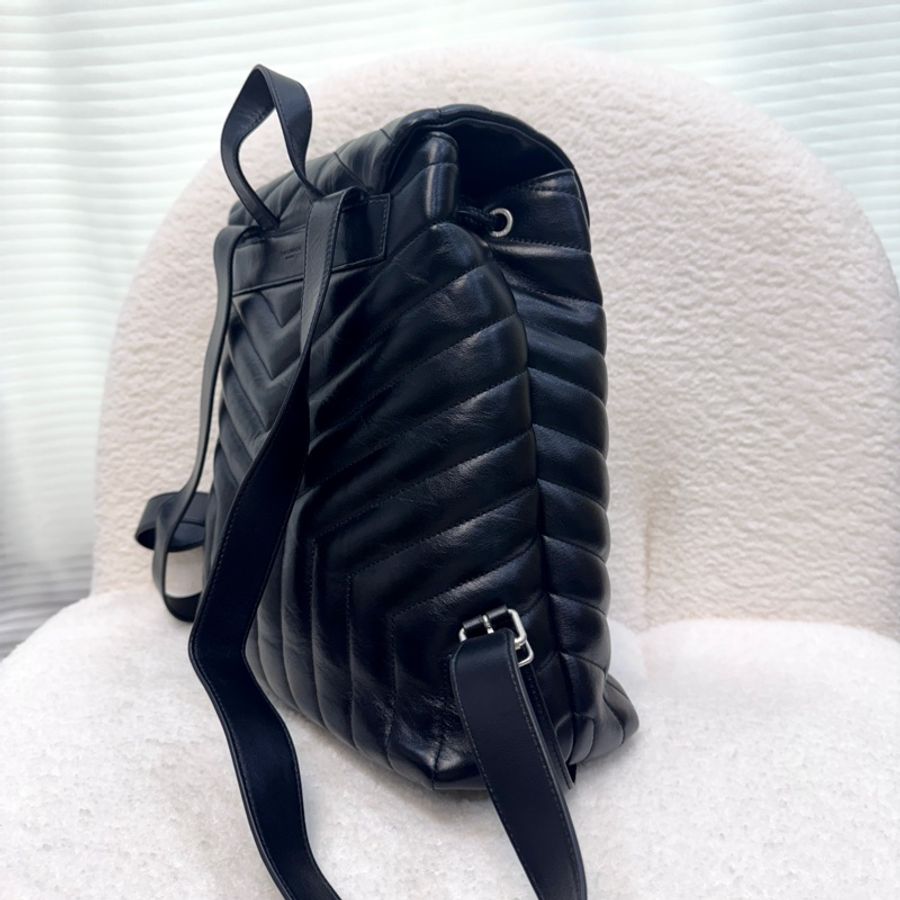 Saint Laurent YSL 黑色 山型紋 牛皮 Loulou 後背包 雙肩包 銀釦 466517-4