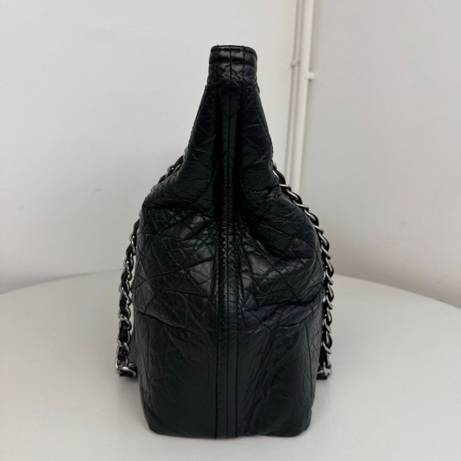 香奈兒/Chanel 黑銀褶皺浮雕托特 鏈條肩背包-2