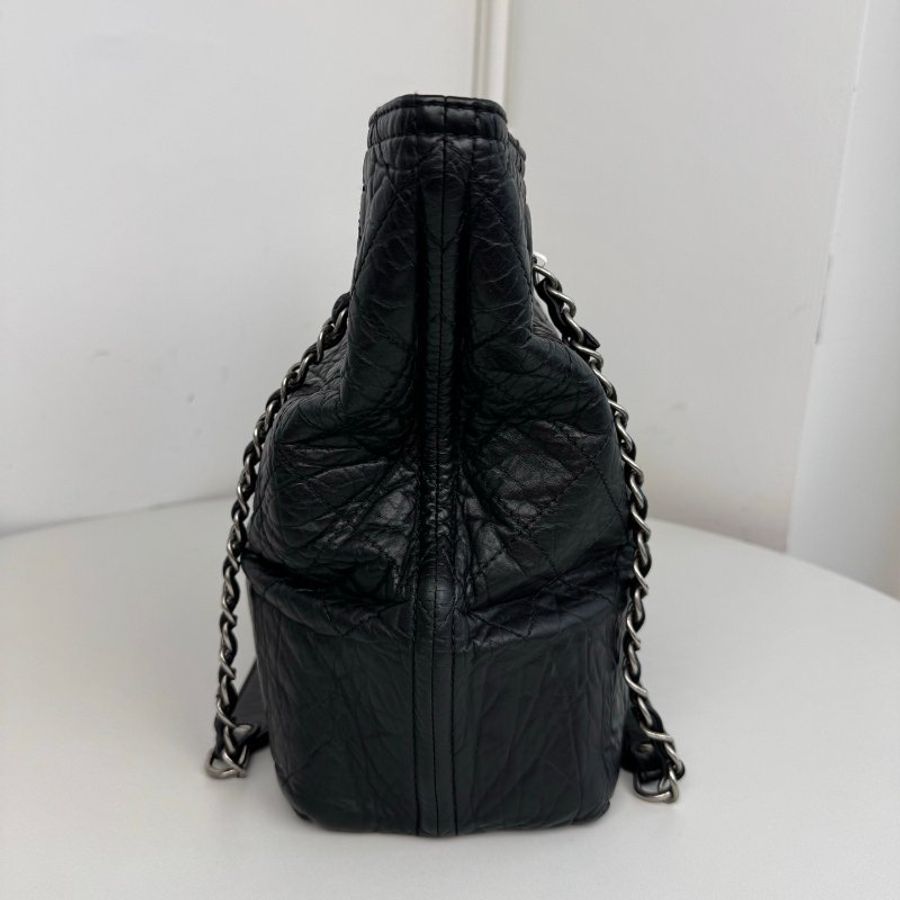 香奈兒/Chanel 黑銀褶皺浮雕托特 鏈條肩背包-3