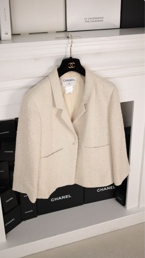 Chanel 99年米黄色细闪两口袋上衣外套-4