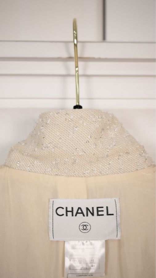 Chanel 99年米黄色细闪两口袋上衣外套-11