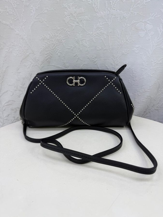 Salvatore Ferragamo Black Studded Gancino Soft Pouch-0