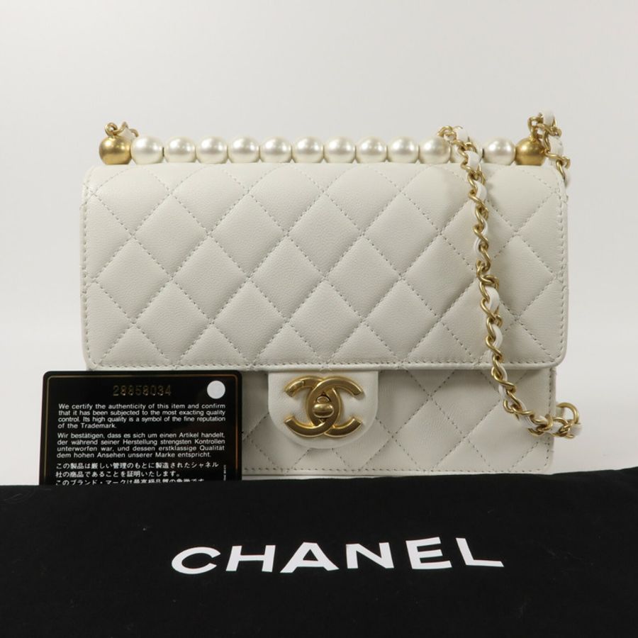 CHANEL 牛皮皮革Pearl Flap Bag鏈帶肩背袋-10