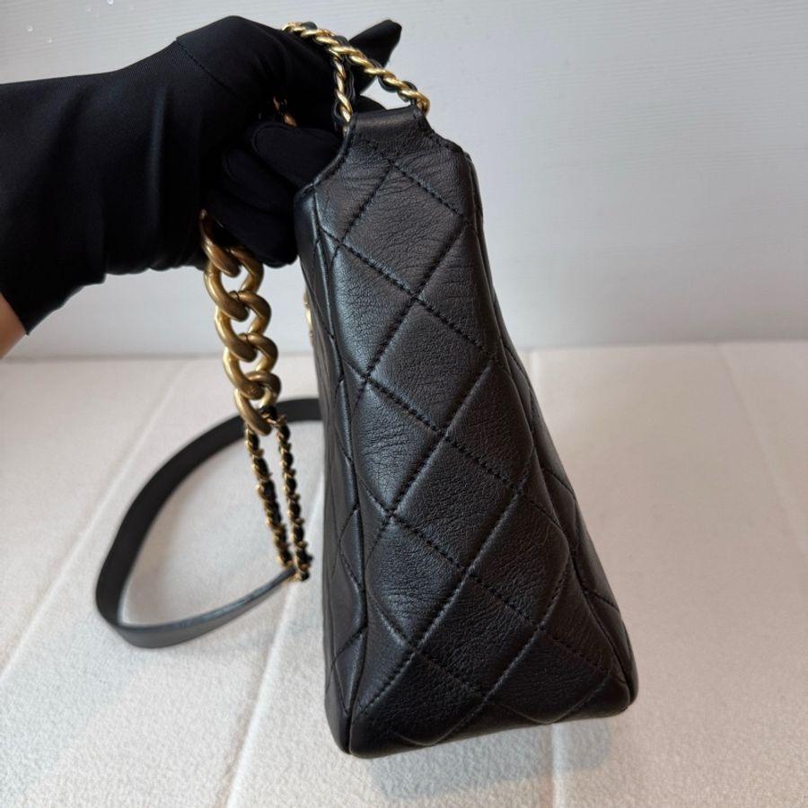 CHANEL香奈兒 Hobo handbag 菱格紋金扣鏈條 黑金羊皮皮穿鏈 托特包Tote包購物袋斜挎包 芯片款-2