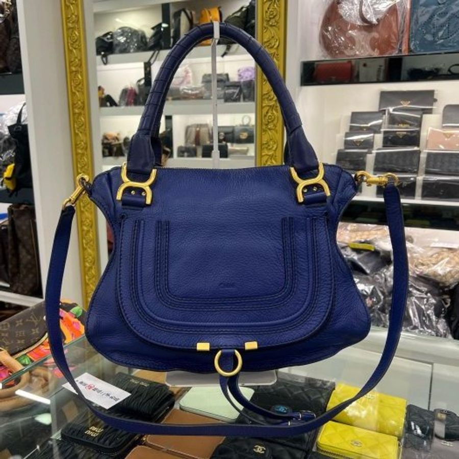 東區正精品㊣Chloe Marcie 藍色全皮金扣雙把手提包斜背包兩用包中款 RZ6527-0