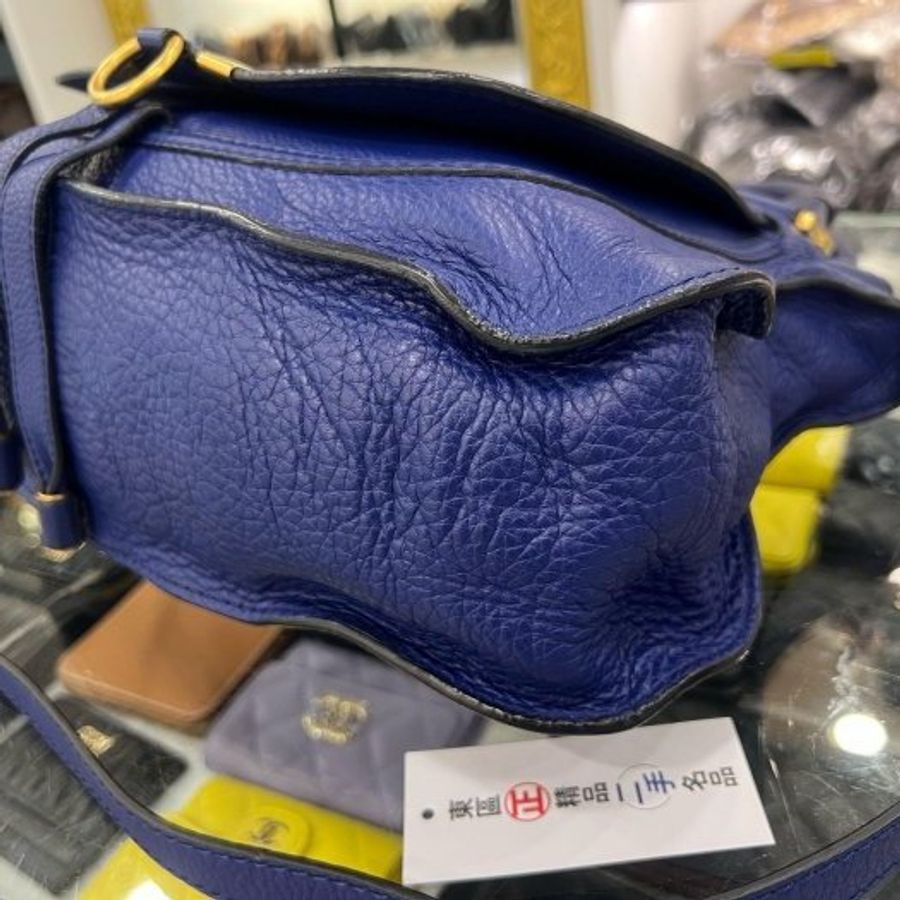 東區正精品㊣Chloe Marcie 藍色全皮金扣雙把手提包斜背包兩用包中款 RZ6527-8