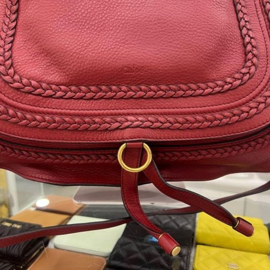 東區正精品㊣Chloe Marcie 暗紅色全皮金扣雙把手提包斜背包兩用包大款 RZ6526-3