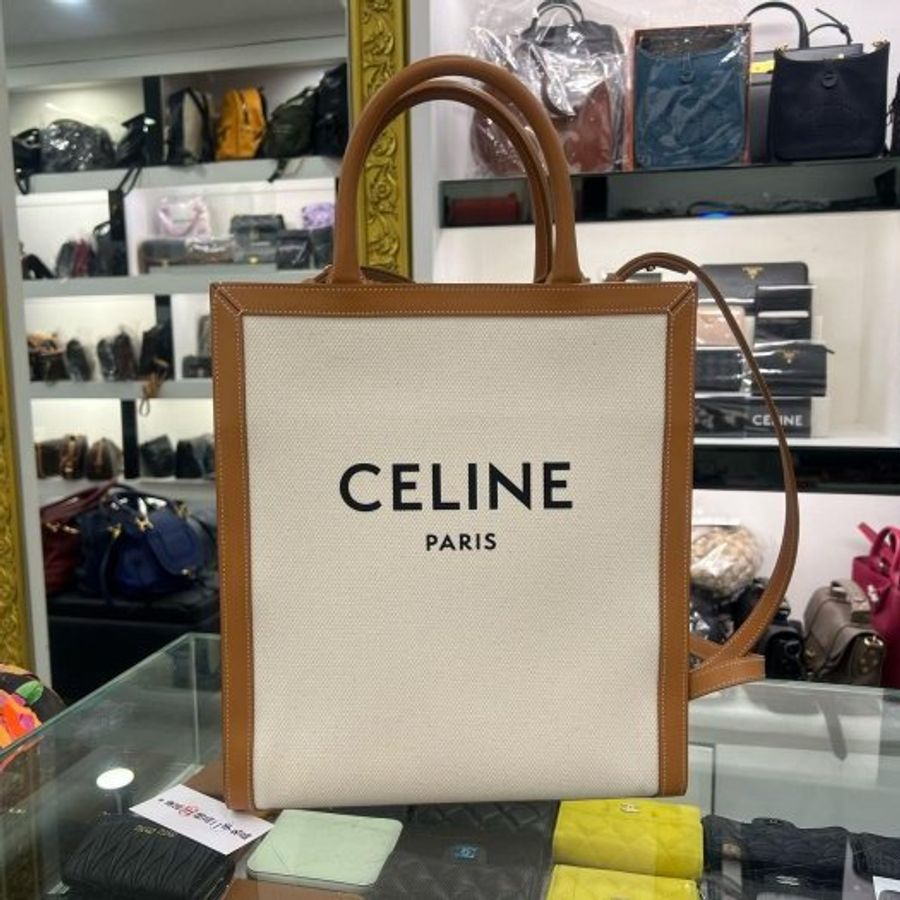 東區正精品㊣CELINE CABAS 近全新棕色皮革拼白色帆布字母直式琴譜包手提包斜背包 RZ6529-0
