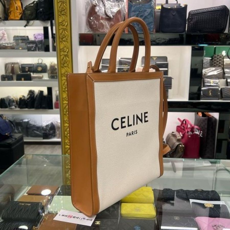 東區正精品㊣CELINE CABAS 近全新棕色皮革拼白色帆布字母直式琴譜包手提包斜背包 RZ6529-1