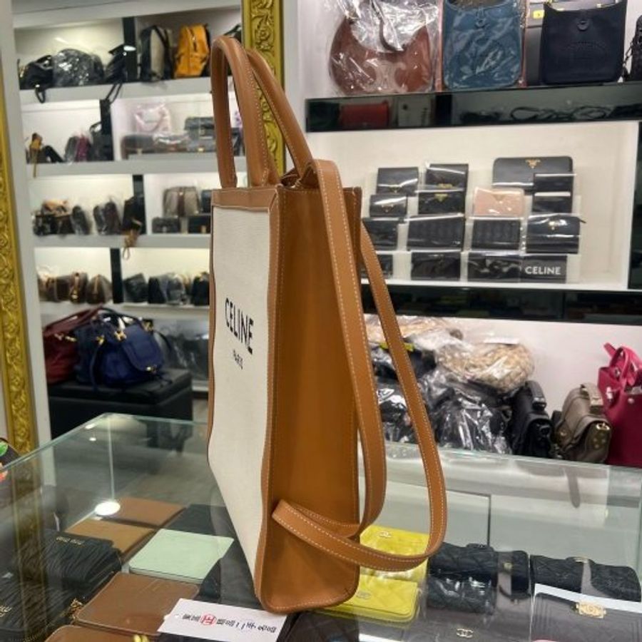 東區正精品㊣CELINE CABAS 近全新棕色皮革拼白色帆布字母直式琴譜包手提包斜背包 RZ6529-2