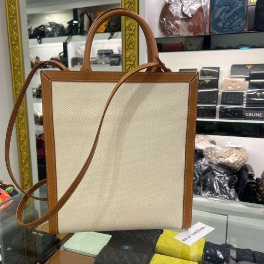 東區正精品㊣CELINE CABAS 近全新棕色皮革拼白色帆布字母直式琴譜包手提包斜背包 RZ6529-4