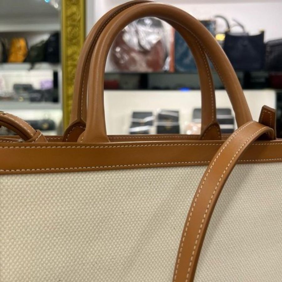 東區正精品㊣CELINE CABAS 近全新棕色皮革拼白色帆布字母直式琴譜包手提包斜背包 RZ6529-5