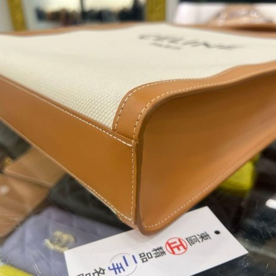 東區正精品㊣CELINE CABAS 近全新棕色皮革拼白色帆布字母直式琴譜包手提包斜背包 RZ6529-8