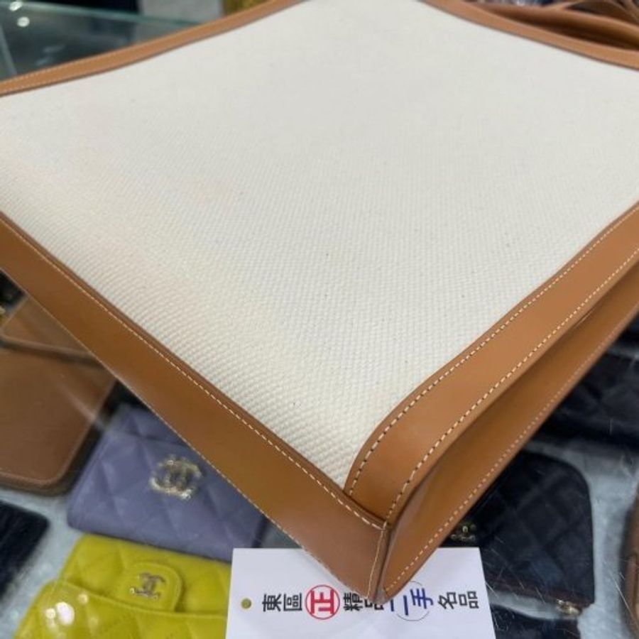 東區正精品㊣CELINE CABAS 近全新棕色皮革拼白色帆布字母直式琴譜包手提包斜背包 RZ6529-9