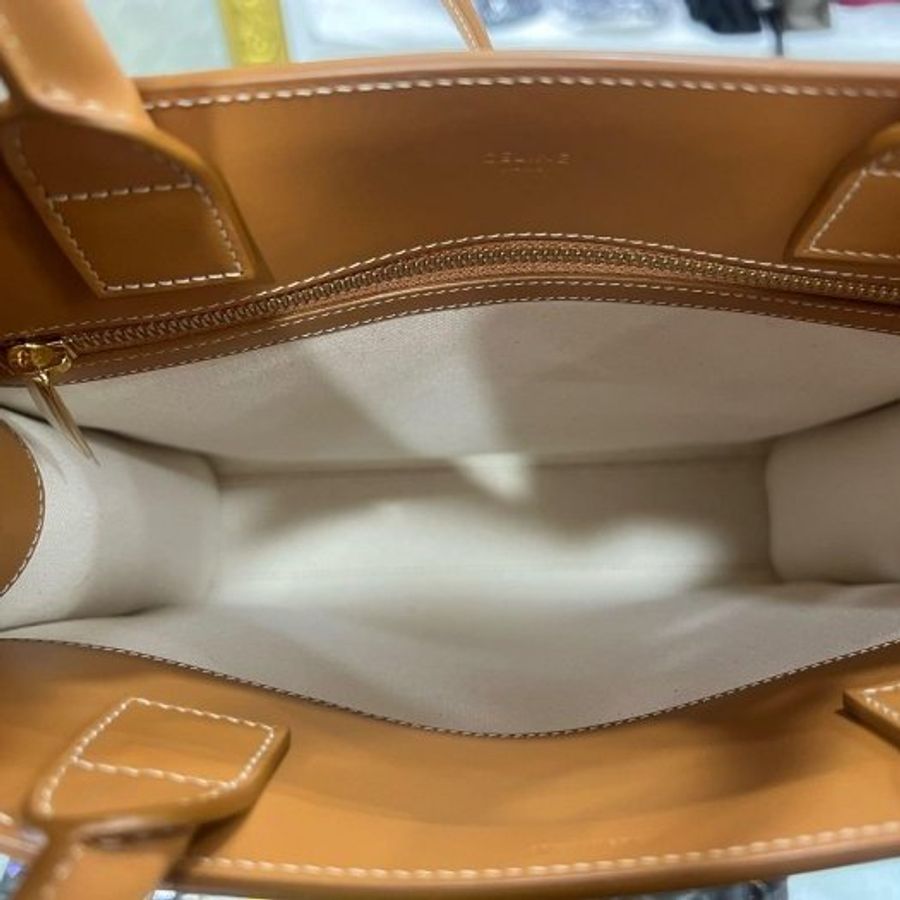 東區正精品㊣CELINE CABAS 近全新棕色皮革拼白色帆布字母直式琴譜包手提包斜背包 RZ6529-12