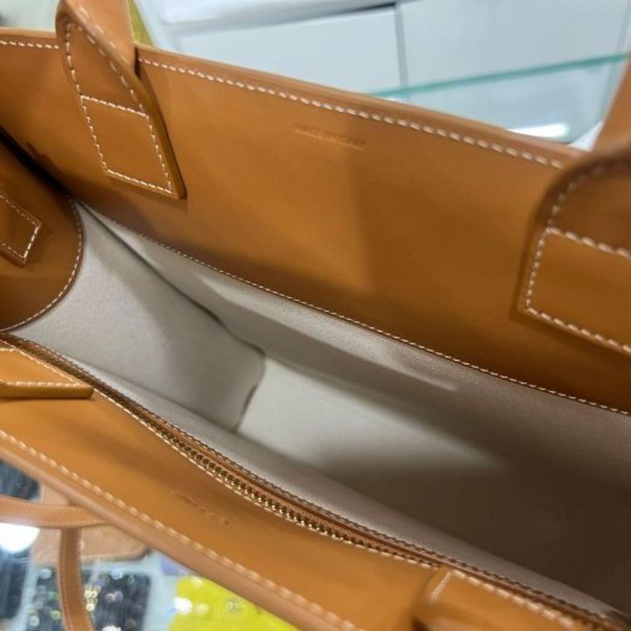 東區正精品㊣CELINE CABAS 近全新棕色皮革拼白色帆布字母直式琴譜包手提包斜背包 RZ6529-13