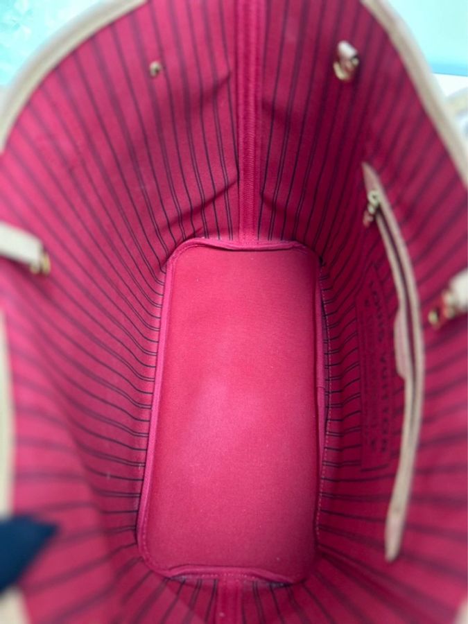 路易威登/Louis Vuitton Neverfull 純晶片款 MM 老花配色 塗層帆布牛皮飾邊 托特包/購物袋 單肩手提包 中號 玫紅內裡 公價15100 現貨好價-7