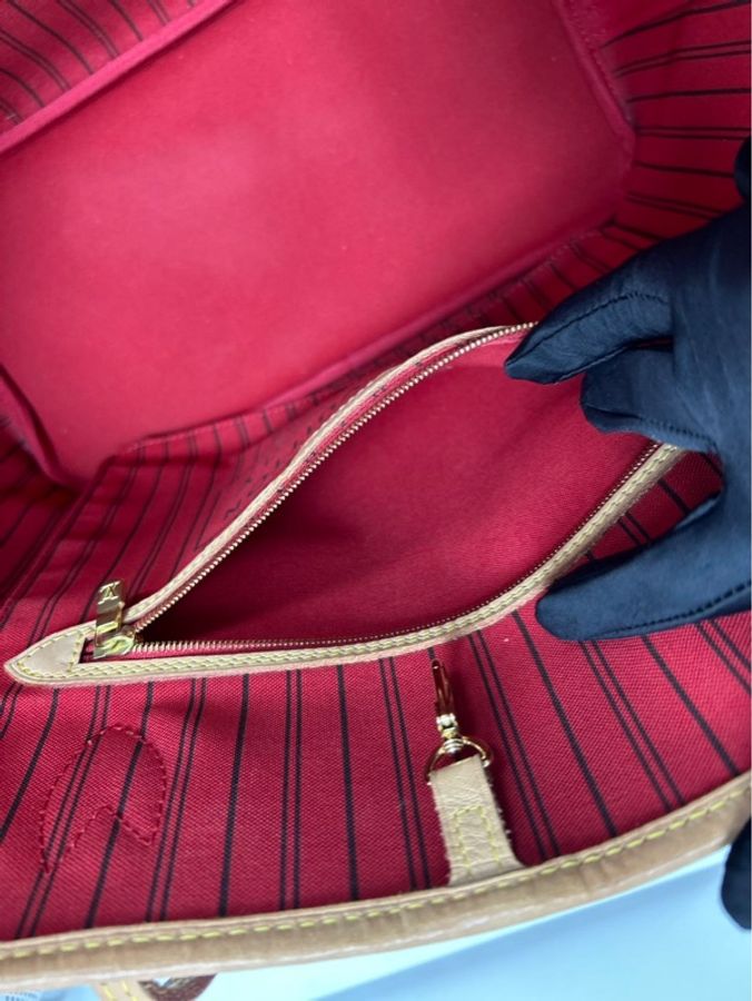 路易威登/Louis Vuitton Neverfull 純晶片款 MM 老花配色 塗層帆布牛皮飾邊 托特包/購物袋 單肩手提包 中號 玫紅內裡 公價15100 現貨好價-8