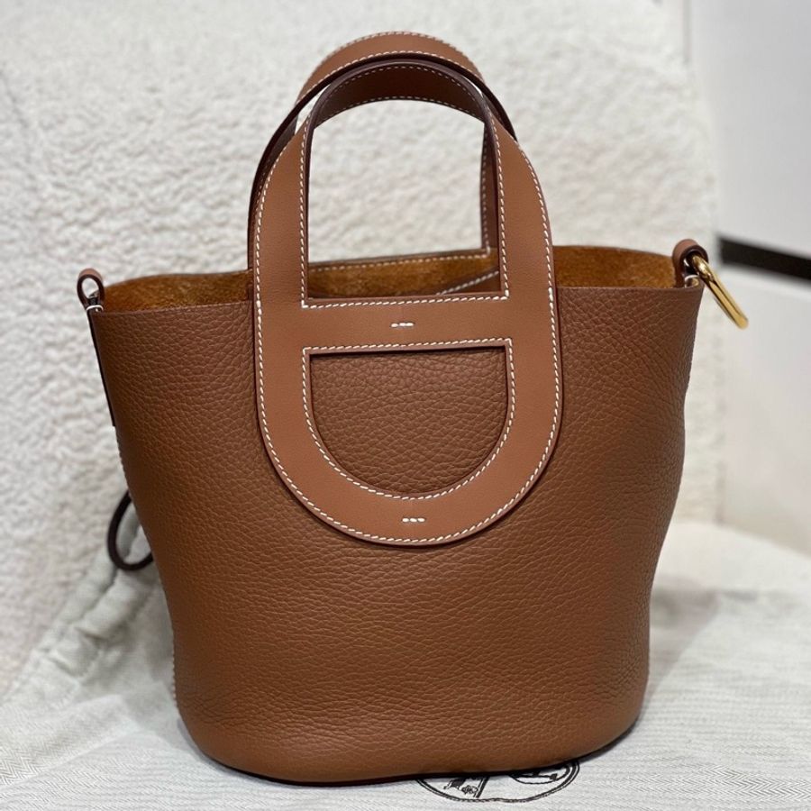Hermes 愛馬仕intheloop18豬鼻子菜籃子手提包 金棕色金扣-1