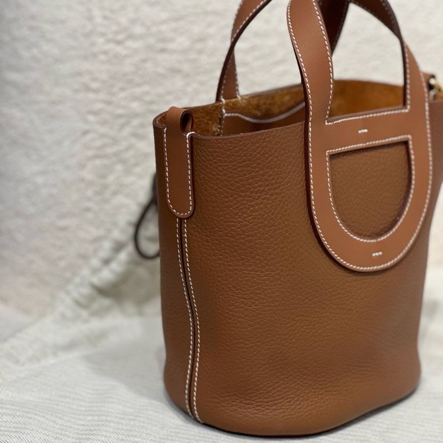 Hermes 愛馬仕intheloop18豬鼻子菜籃子手提包 金棕色金扣-5
