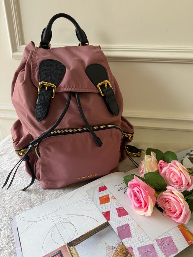 The Rucksack 尼龍拼皮革中型軍旅後背包(粉葵色)-0