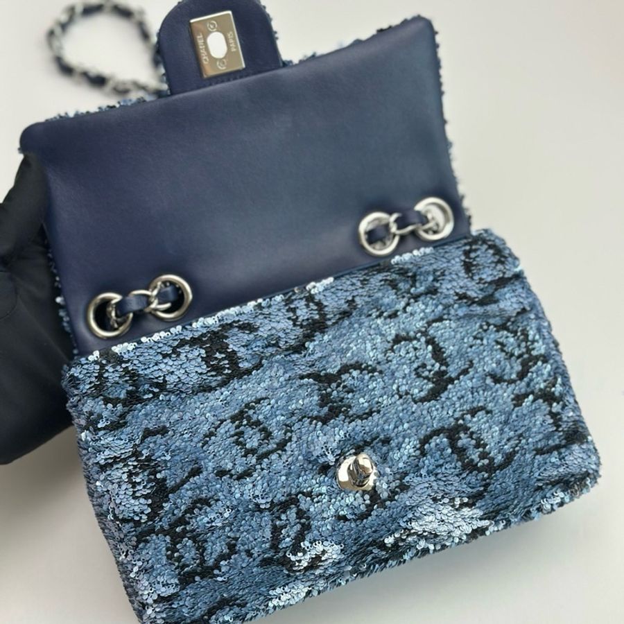 Chanel香奈兒 藍色亮片cf大mini 單肩包斜挎包 芯片款-6
