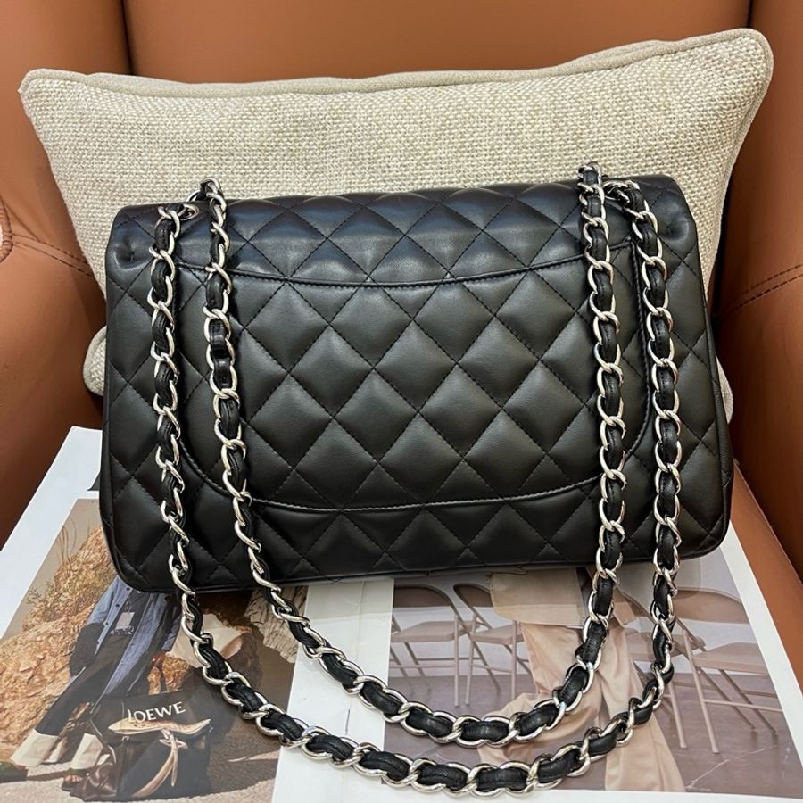 Chanel香奈兒 黑銀羊皮CF jumbo單肩包斜挎包 底長30cm-1