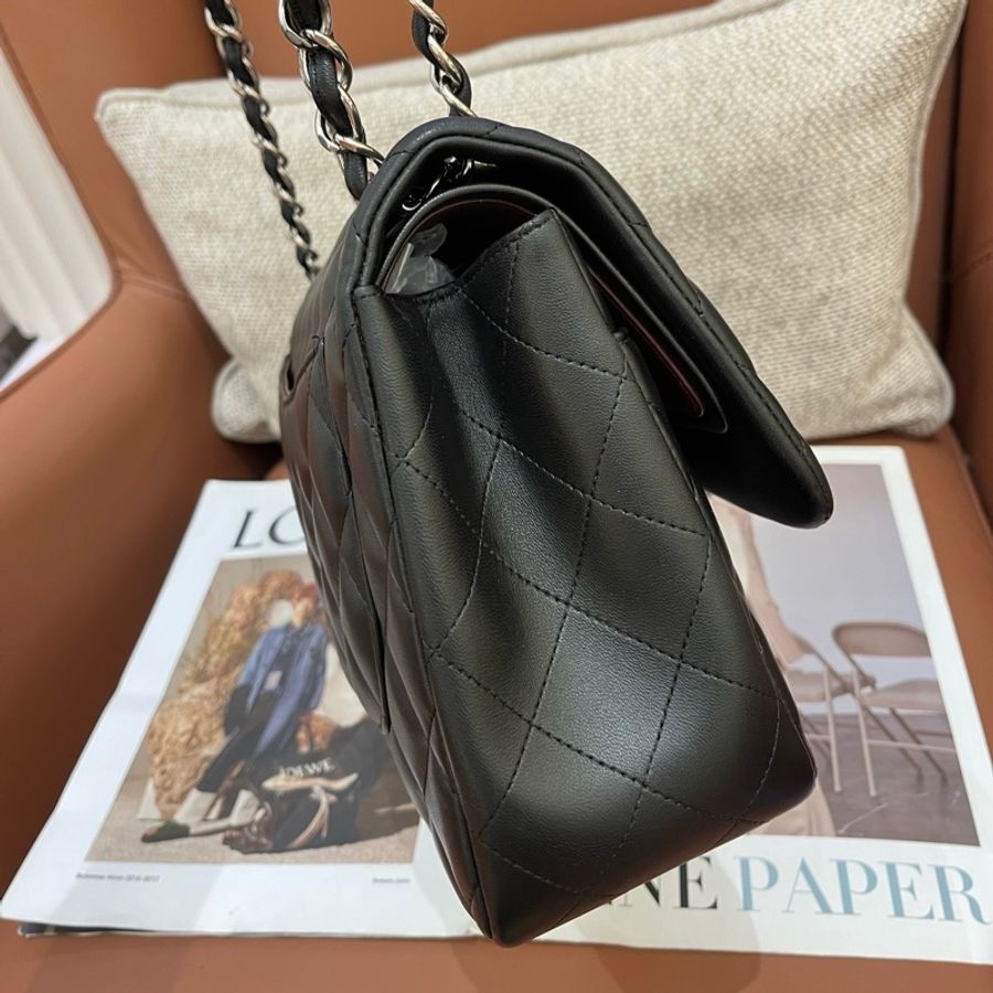 Chanel香奈兒 黑銀羊皮CF jumbo單肩包斜挎包 底長30cm-2