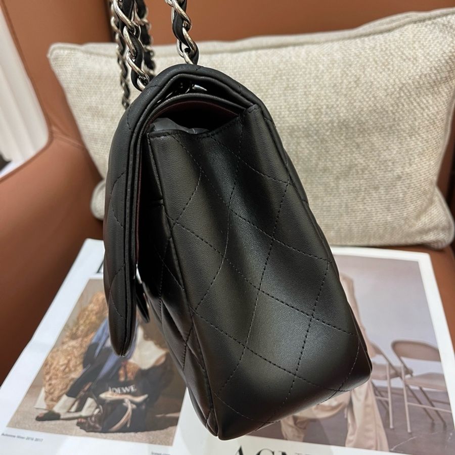 Chanel香奈兒 黑銀羊皮CF jumbo單肩包斜挎包 底長30cm-3