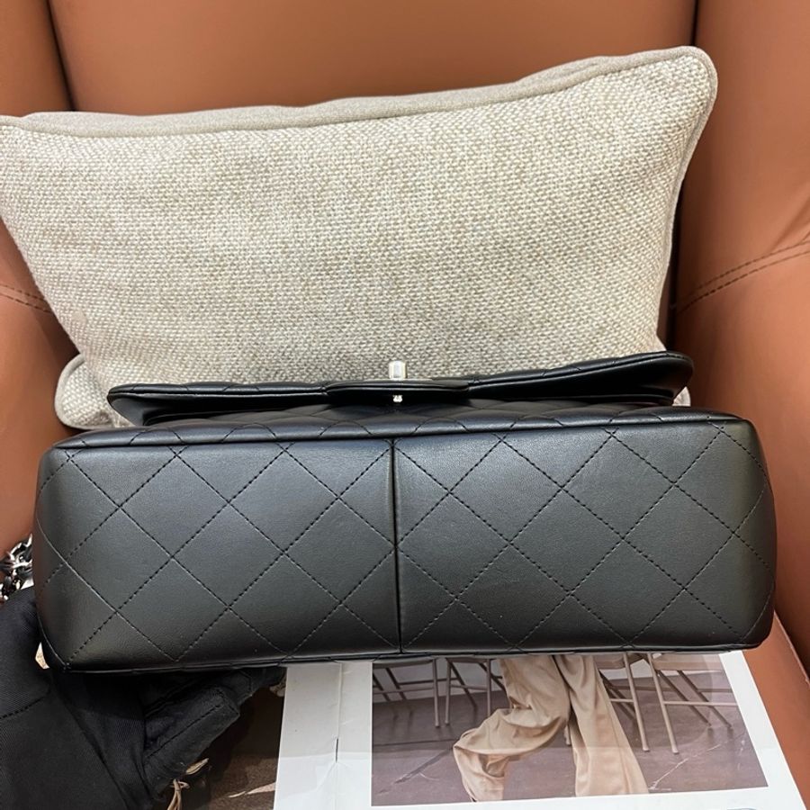 Chanel香奈兒 黑銀羊皮CF jumbo單肩包斜挎包 底長30cm-4