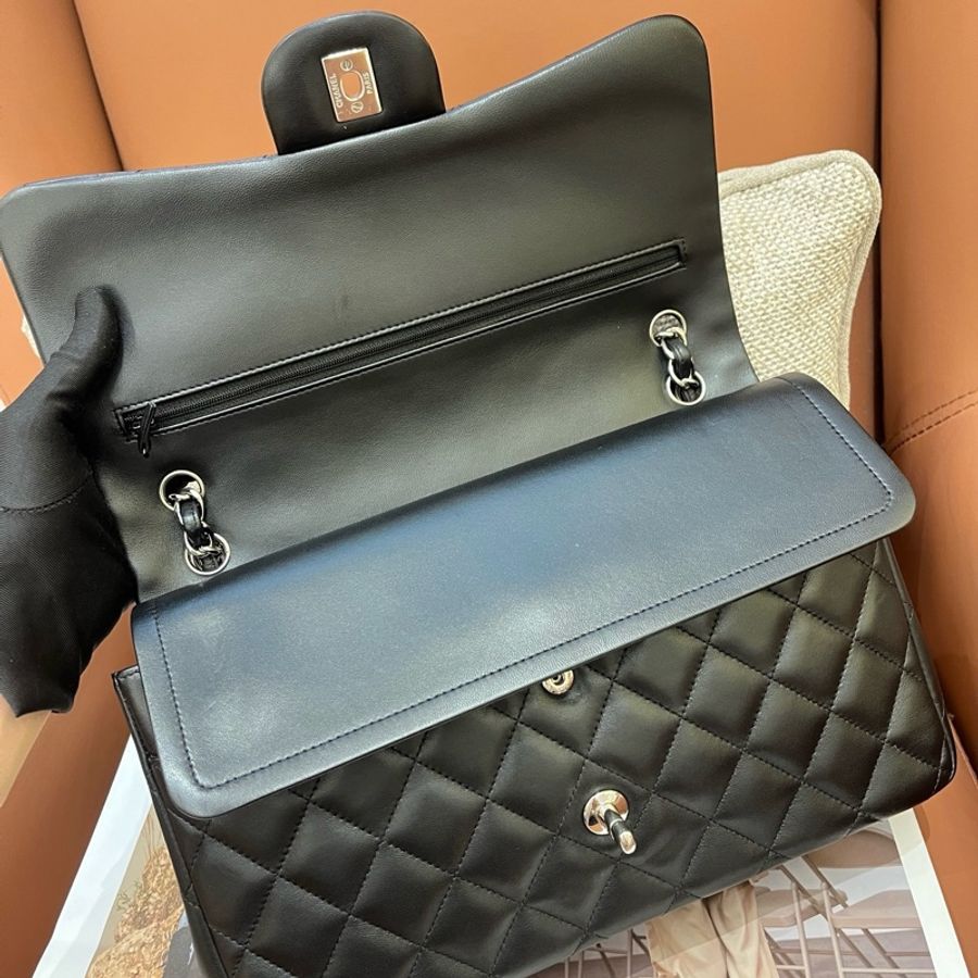 Chanel香奈兒 黑銀羊皮CF jumbo單肩包斜挎包 底長30cm-5