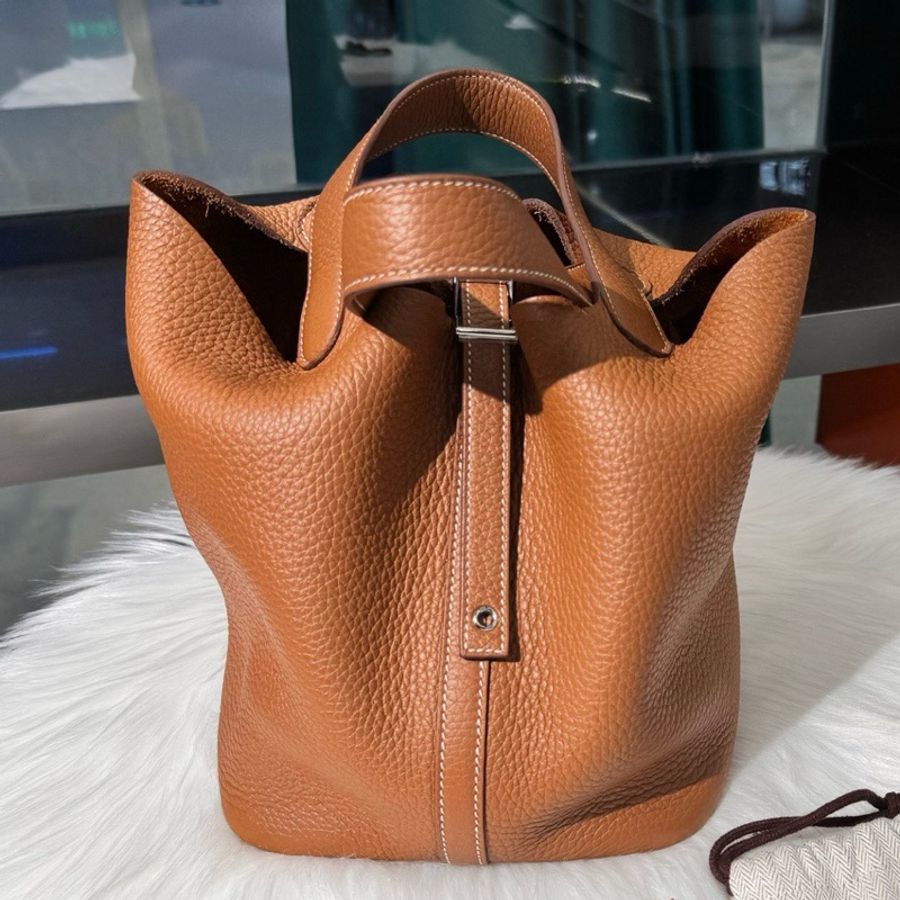 愛馬仕HERMES picotin菜籃子22金棕銀扣TC皮U刻-0