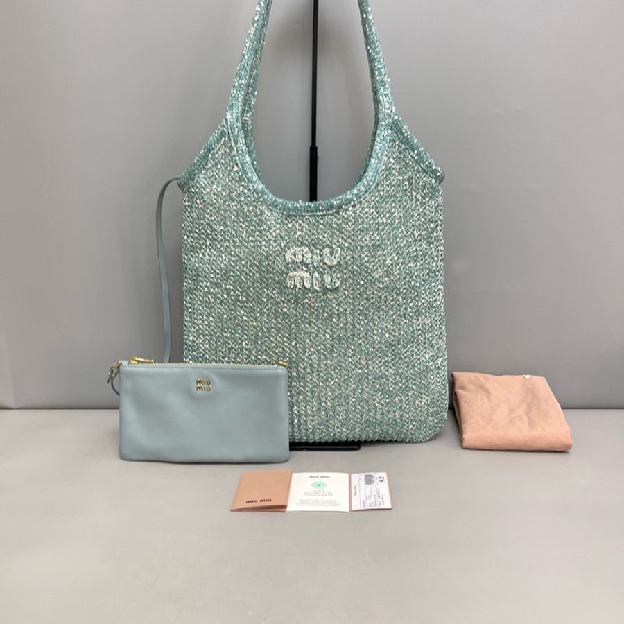 MiuMiu繆繆 冰藍色亮片編織viy子母單肩包 尺寸34×31 附件 塵袋-0