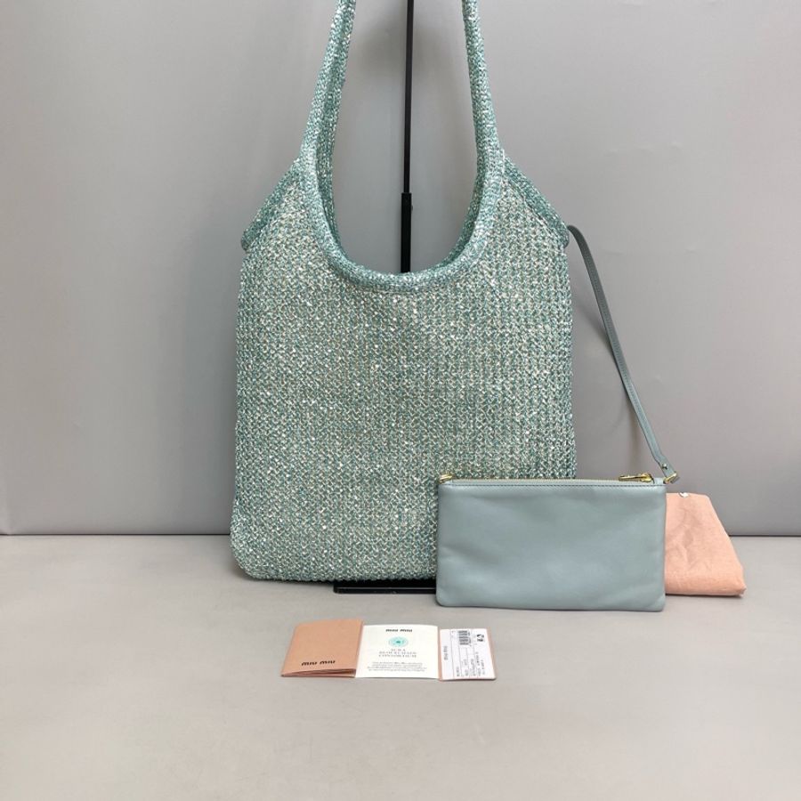 MiuMiu繆繆 冰藍色亮片編織viy子母單肩包 尺寸34×31 附件 塵袋-1